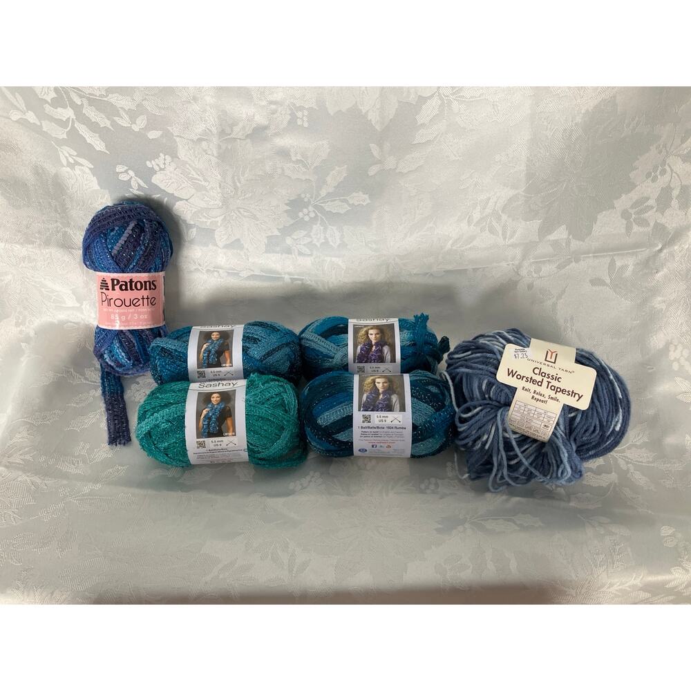 Lot 6 Yarn Skeins Paton Pirouette Red Heart Sashay Ball Classic Worsted Blue Mix